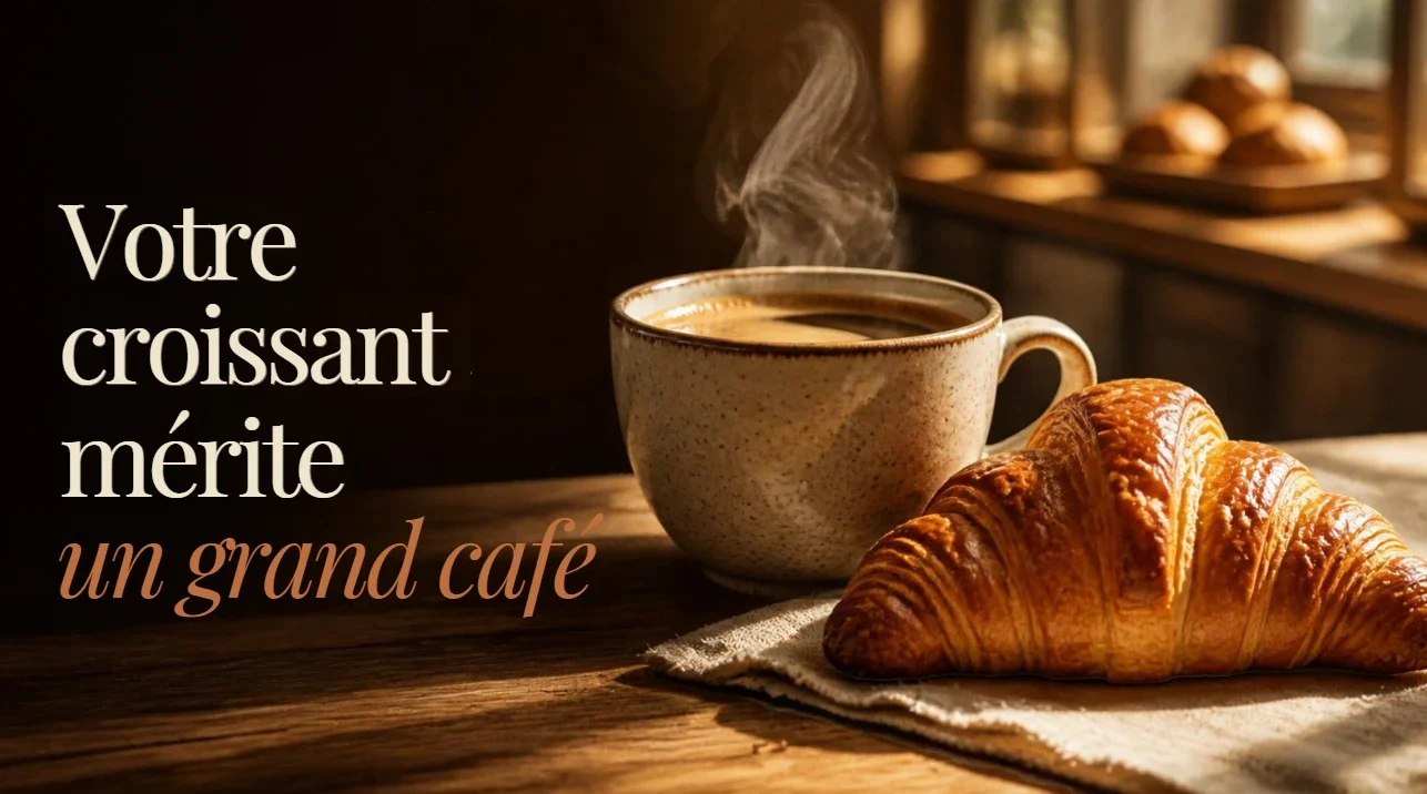 Une tasse de café fumante et un croissant doré posés sur une table en bois, dans la lumière du matin. Texte : « Votre croissant mérite un grand café ».